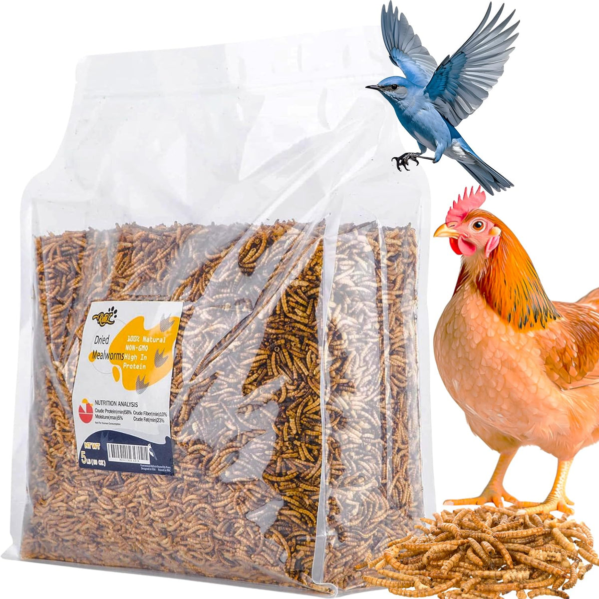 RANZ dried mealworms in a bag close-up for natural backyard chicken treats.