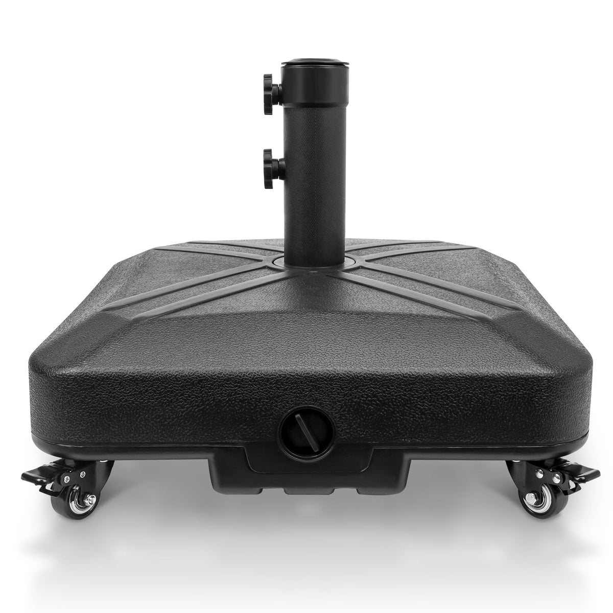 RAOKUKH patio umbrella base with wheels for easy repositioning outdoors.