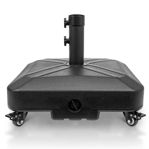 RAOKUKH patio umbrella base with wheels for easy repositioning outdoors.