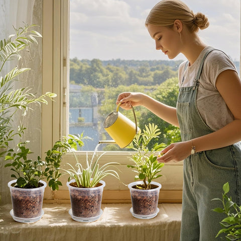 RAOOKIF balcony garden setup featuring clear pots for compact planting