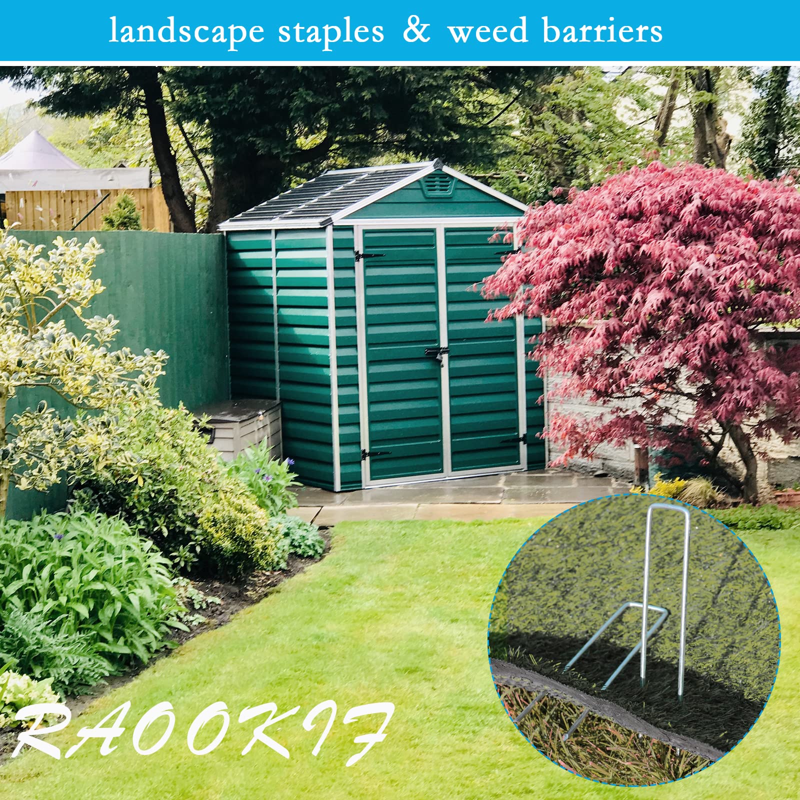 RAOOKIF stake securing landscape fabric to prevent movement.