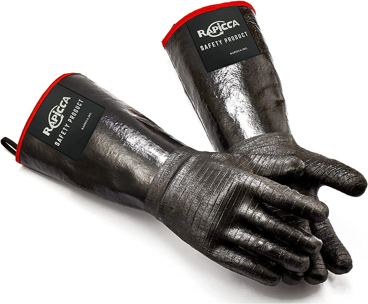 RAPICCA 700°F gloves provide full arm protection with durable neoprene for high-heat grilling.