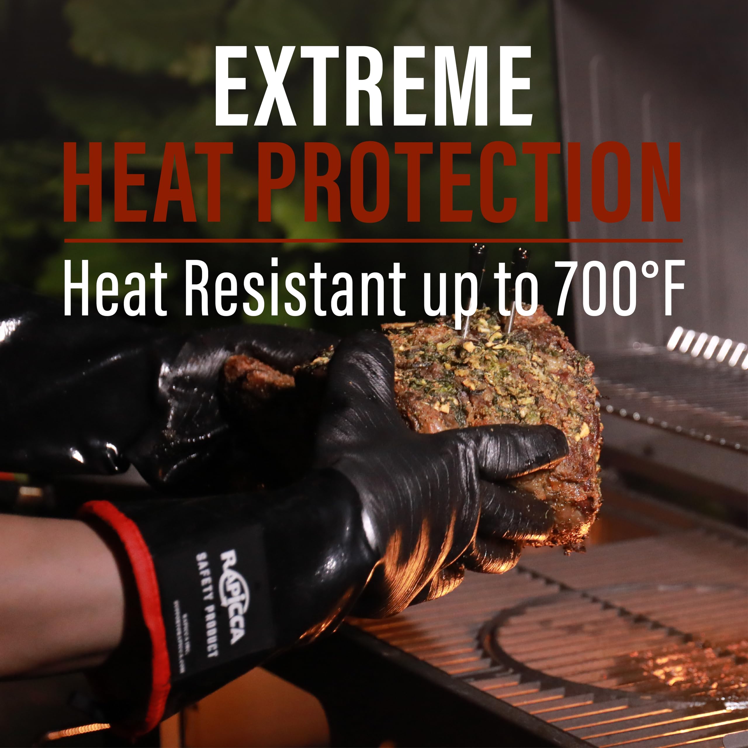 RAPICCA gloves with textured palm deliver a secure grip on hot, greasy meats.