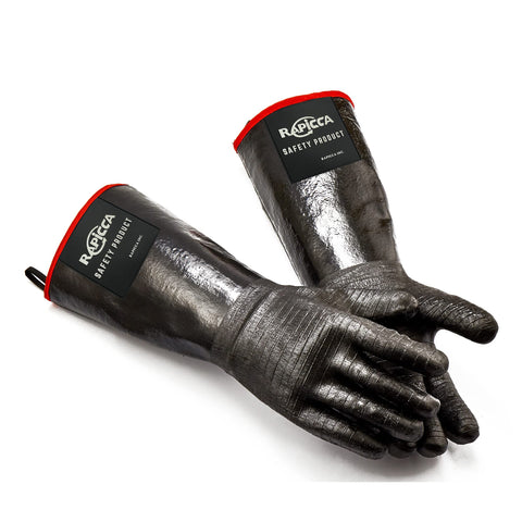 RAPICCA heat-resistant gloves with 17-inch sleeve protect arms during grilling.