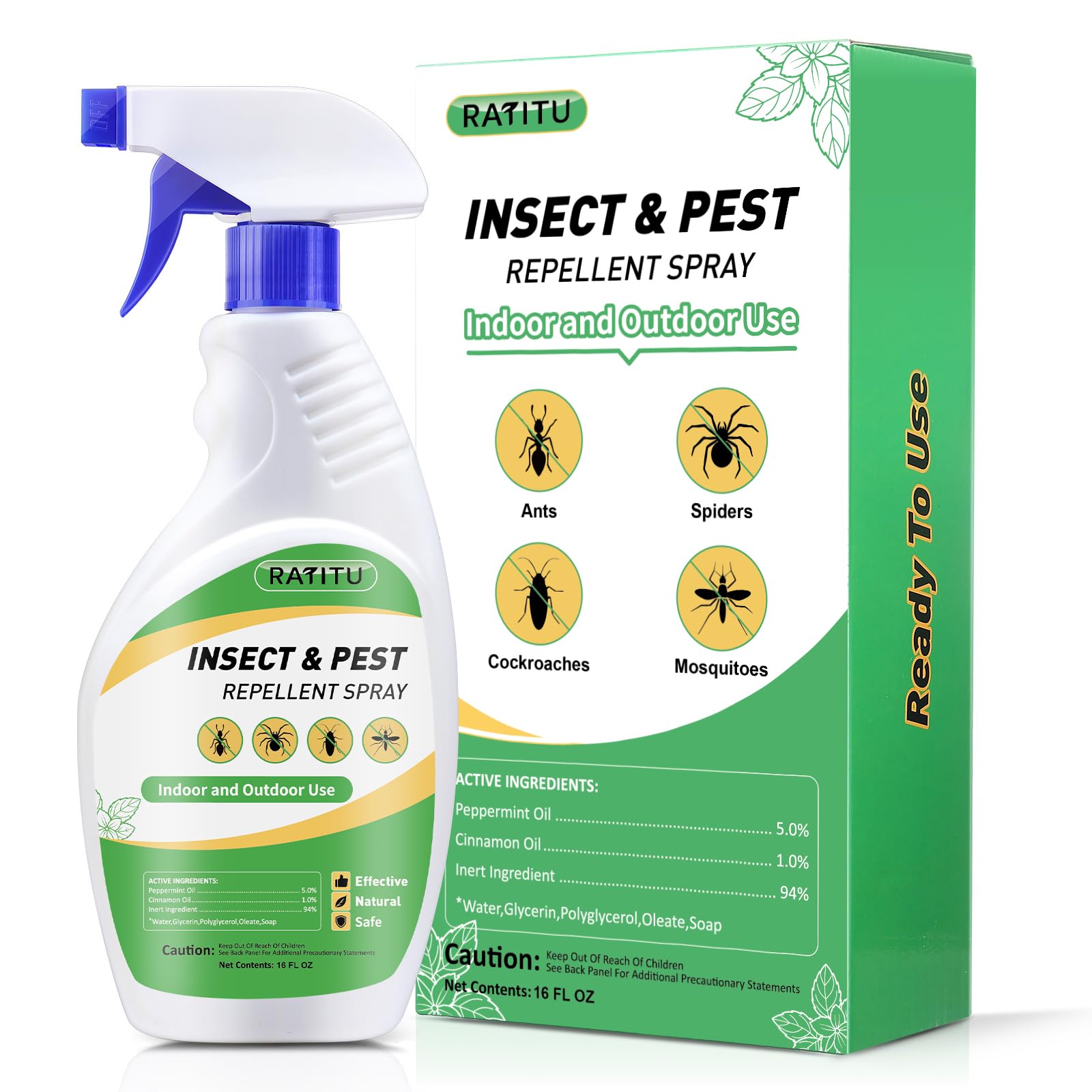 RATITU Peppermint Oil Spray bottle used at home to deter ants and spiders.