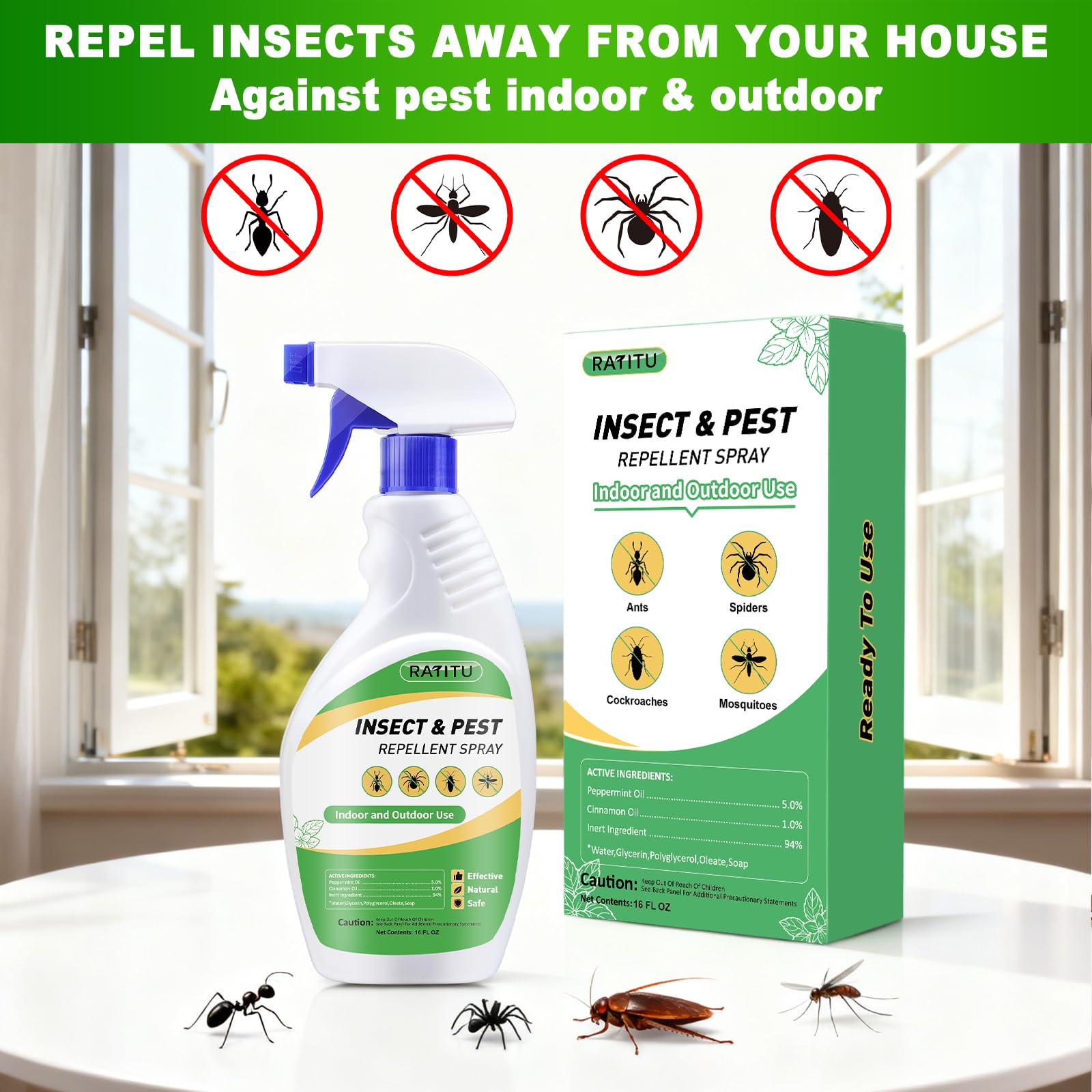 RATITU Spider Repellent application near entryways for indoor pest deterrence.