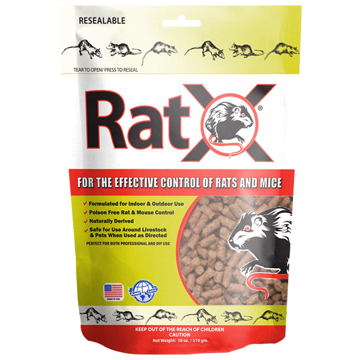 RatX 18oz bag of pellets for all-species rodent control in homes.