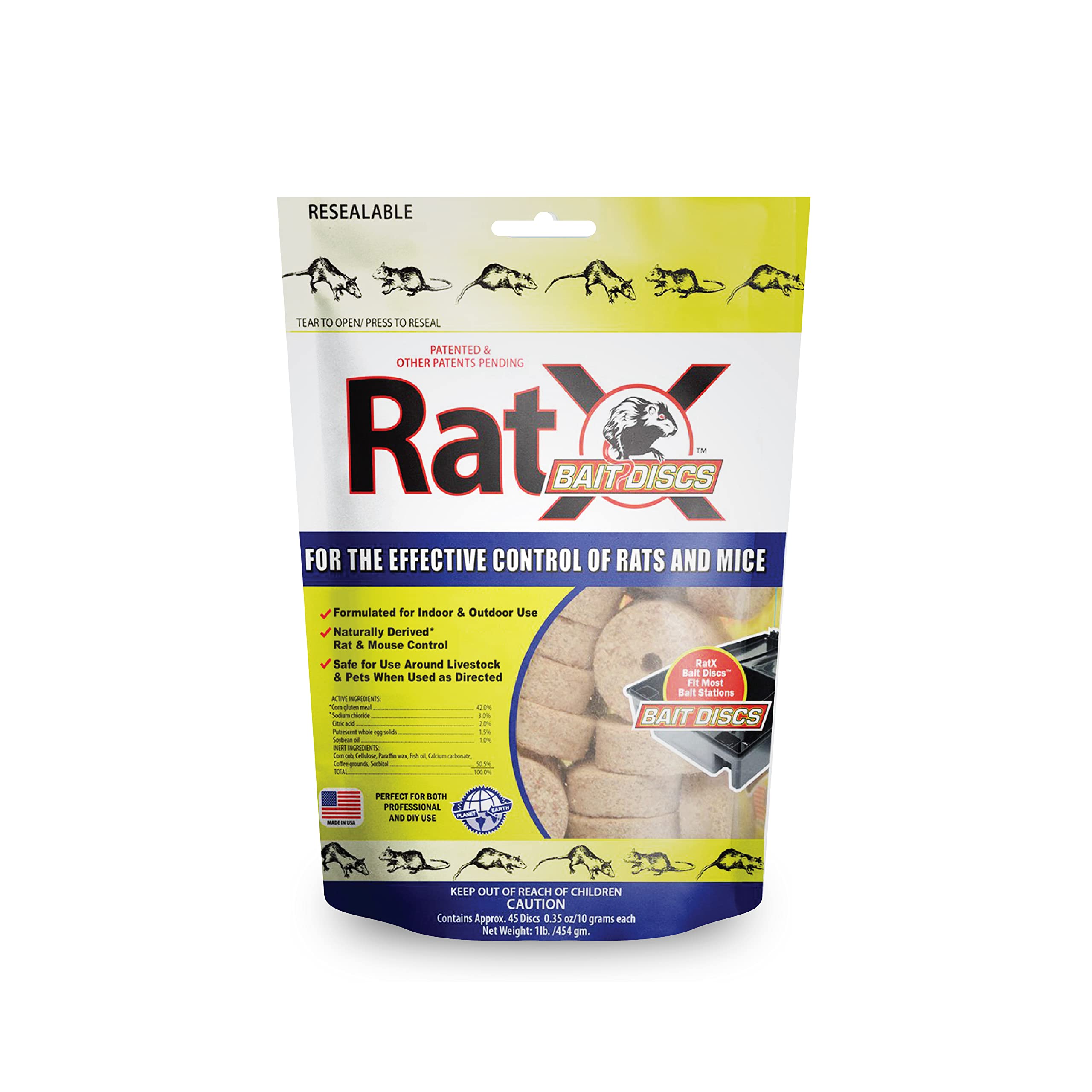 RatX Bait Discs 1lb bag packaging for versatile indoor and outdoor use.
