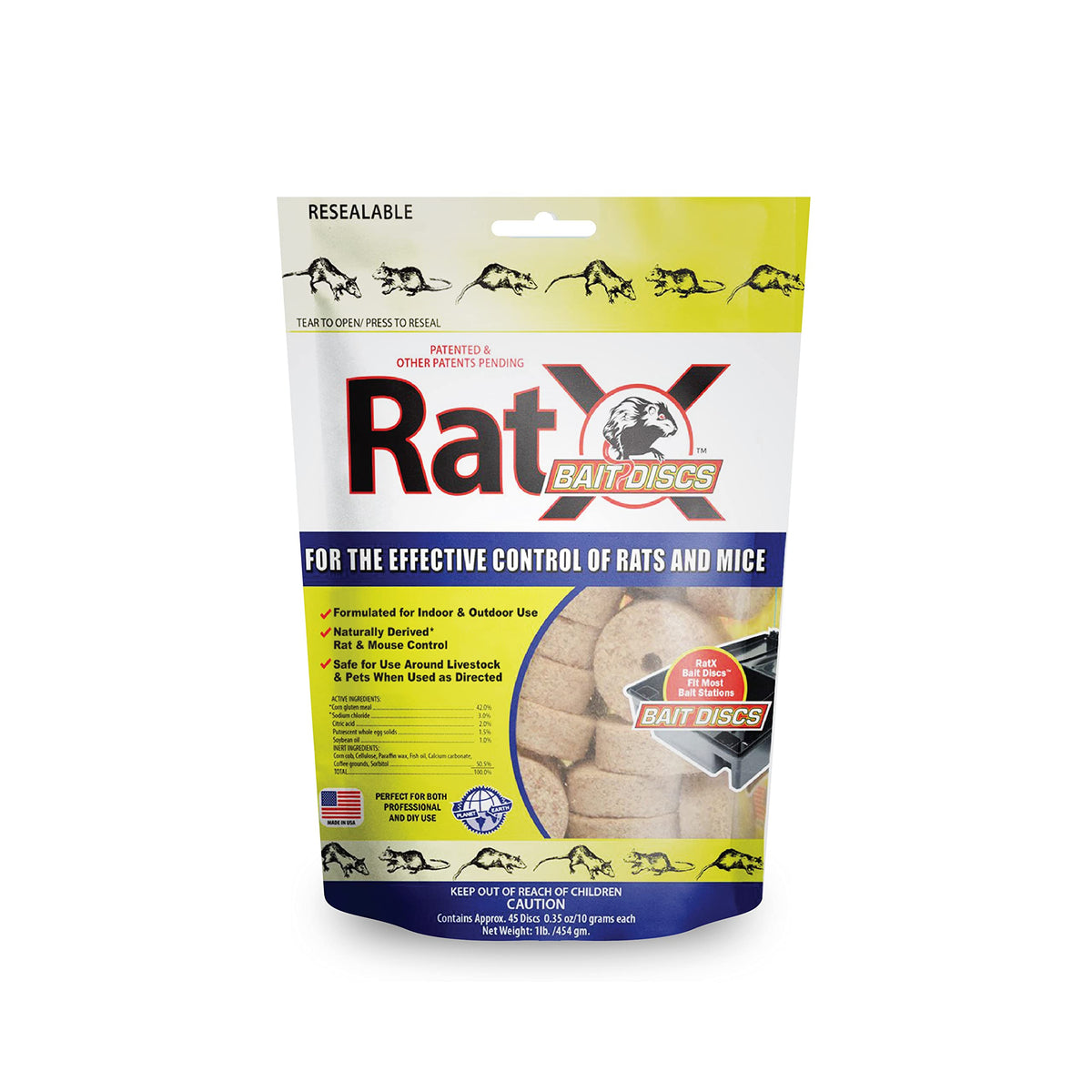 RatX Bait Discs 1lb bag packaging for versatile indoor and outdoor use.