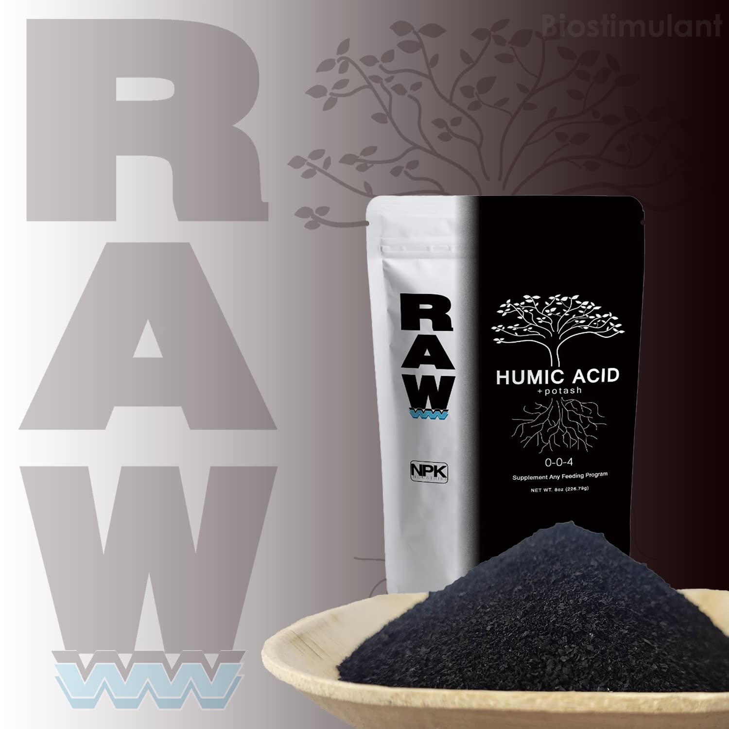 RAW Humic Acid 8 oz compatible with RAW Kelp for enhanced soil conditioning.