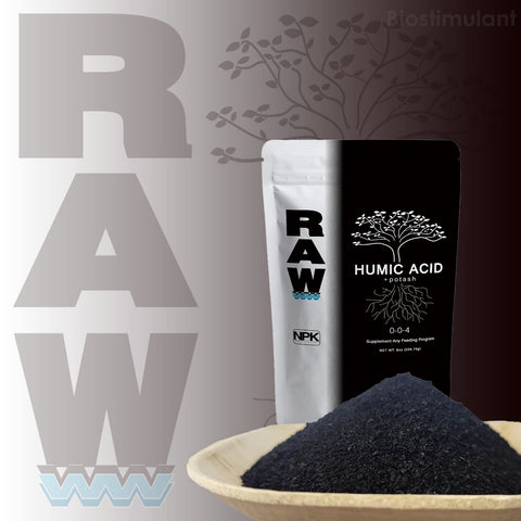 RAW Humic Acid 8 oz compatible with RAW Kelp for enhanced soil conditioning.