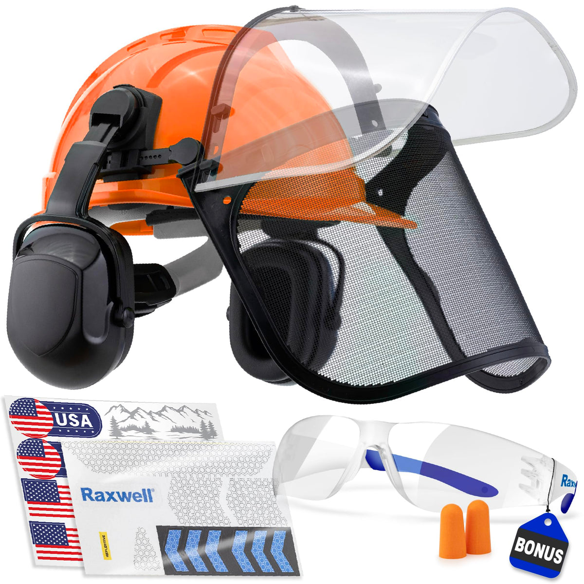 Raxwell chainsaw safety helmet outer view shows durable head protection.