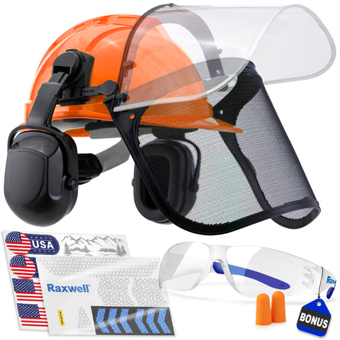 Raxwell chainsaw safety helmet outer view shows durable head protection.