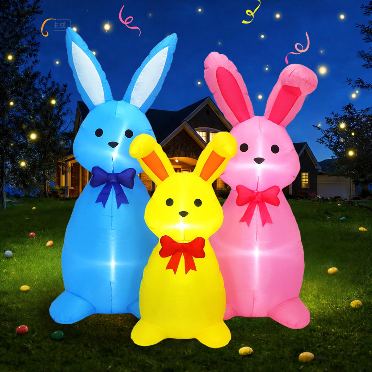 Raymall 5ft bunny family inflatable blue with bows for outdoor Easter display