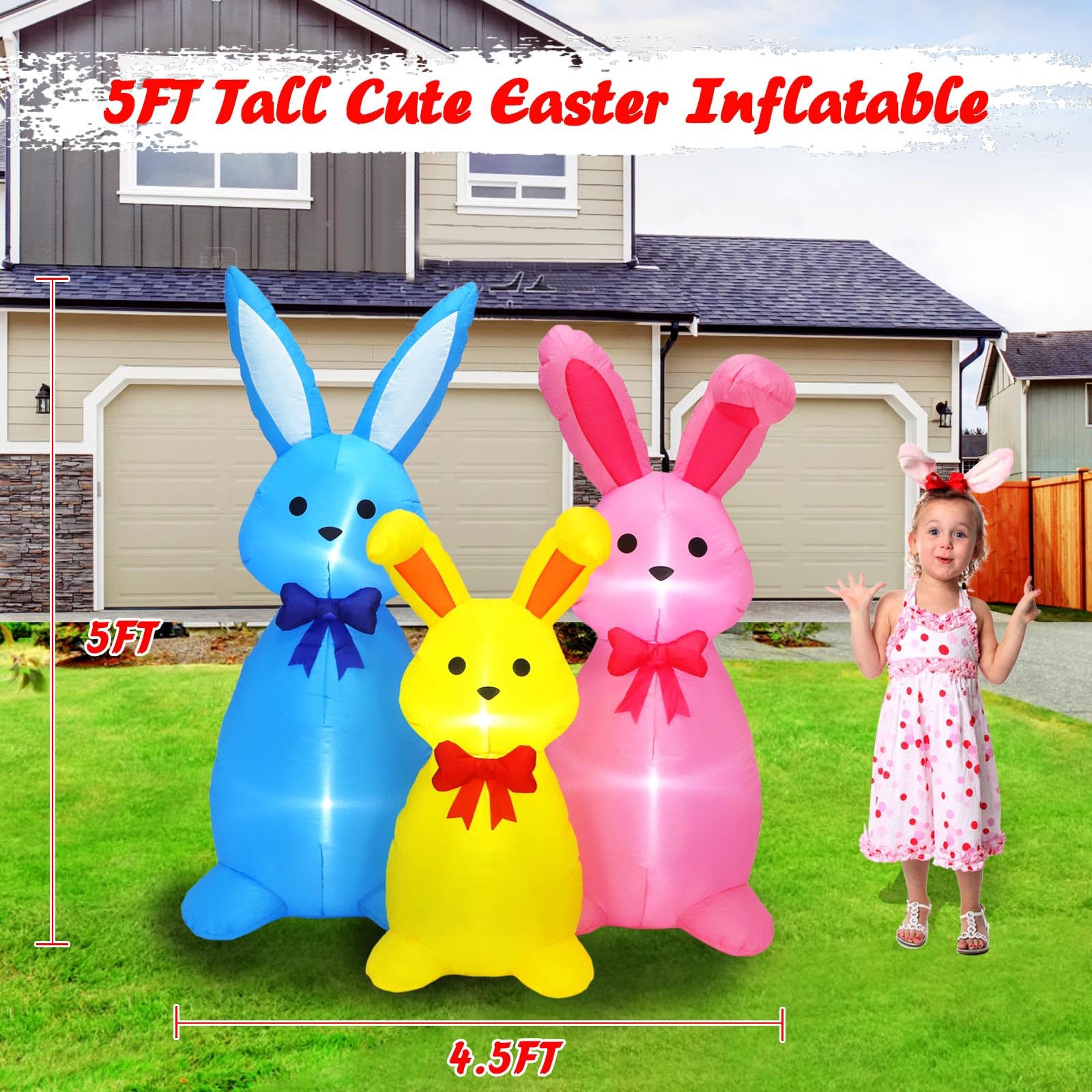 Raymall 5ft bunny family inflatable pink with bows for garden parties