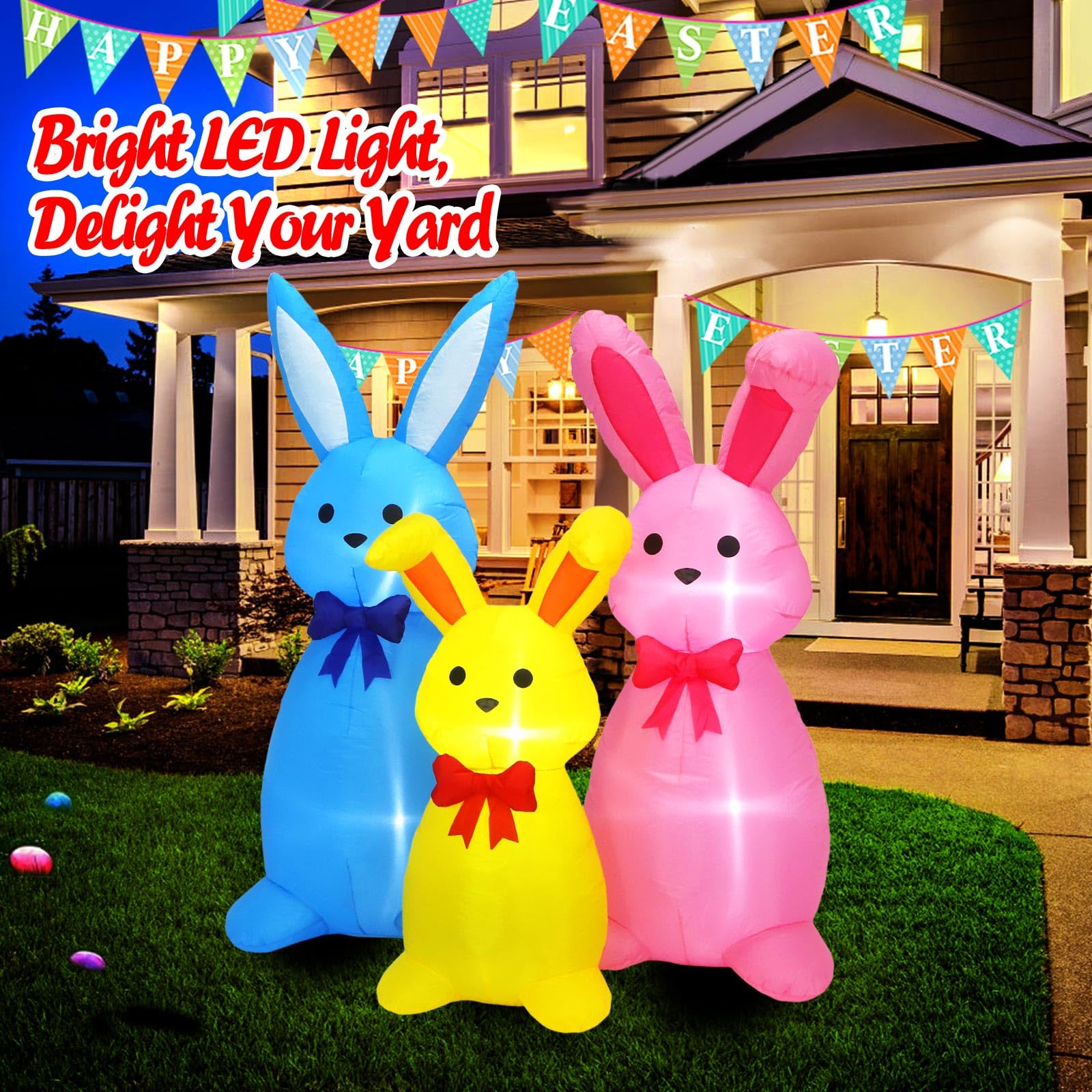 Raymall 5ft bunny family inflatable yellow with bows for yard decor