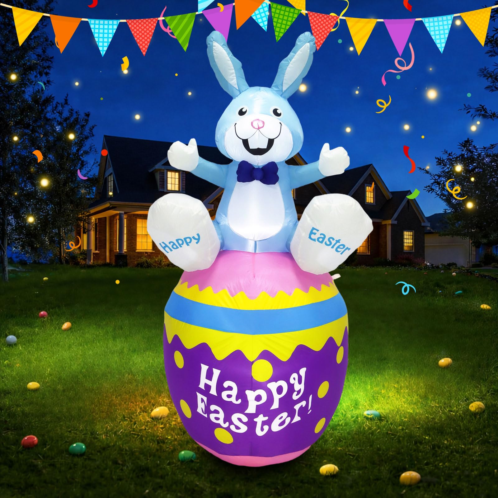 Raymall 6ft bunny on egg inflatable outdoors for an eye-catching Easter display.
