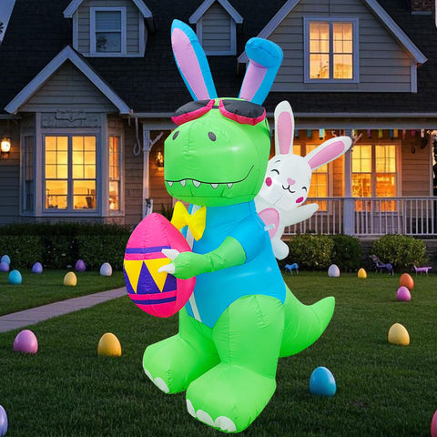 Raymall Easter dinosaur bunny inflatable in the front yard for festive curb appeal
