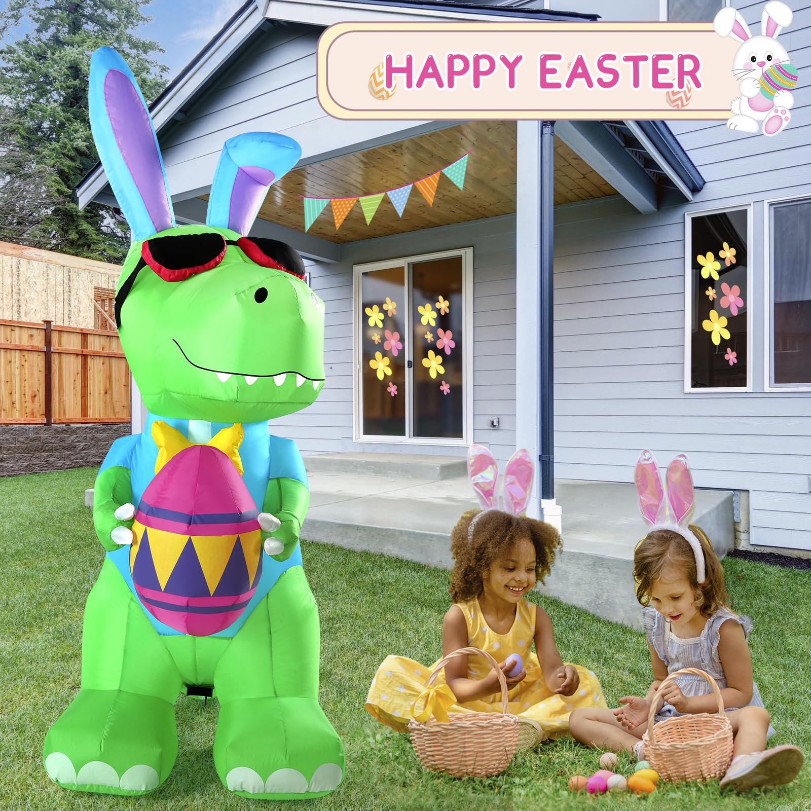 Raymall LED-lit Easter inflatable dinosaur at night for yard visibility