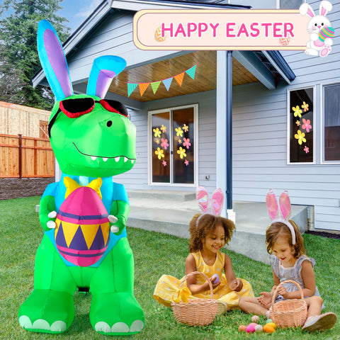 Raymall LED-lit Easter inflatable dinosaur at night for yard visibility