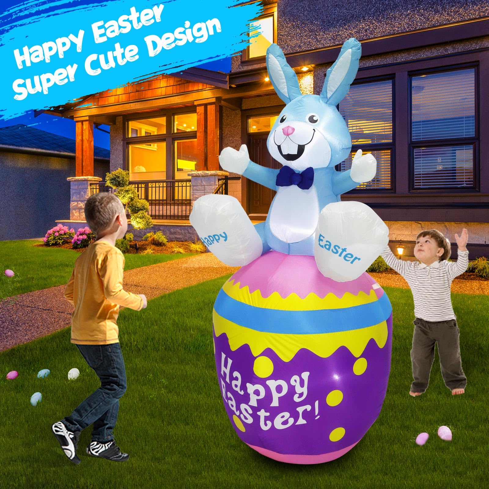 Raymall LED-lit Easter bunny inflatable glowing at night for yard visibility.