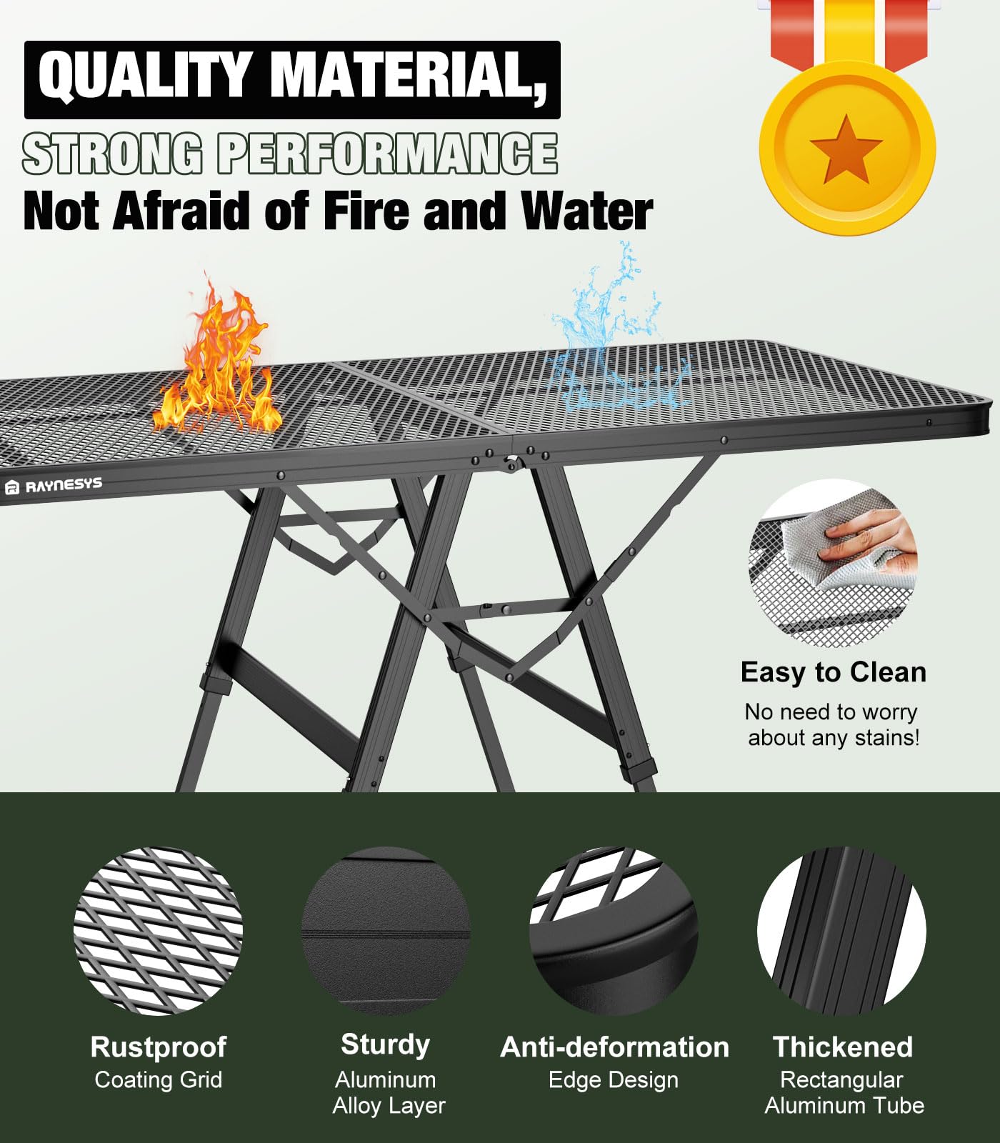 Raynesys aluminum alloy top is waterproof and easy to clean