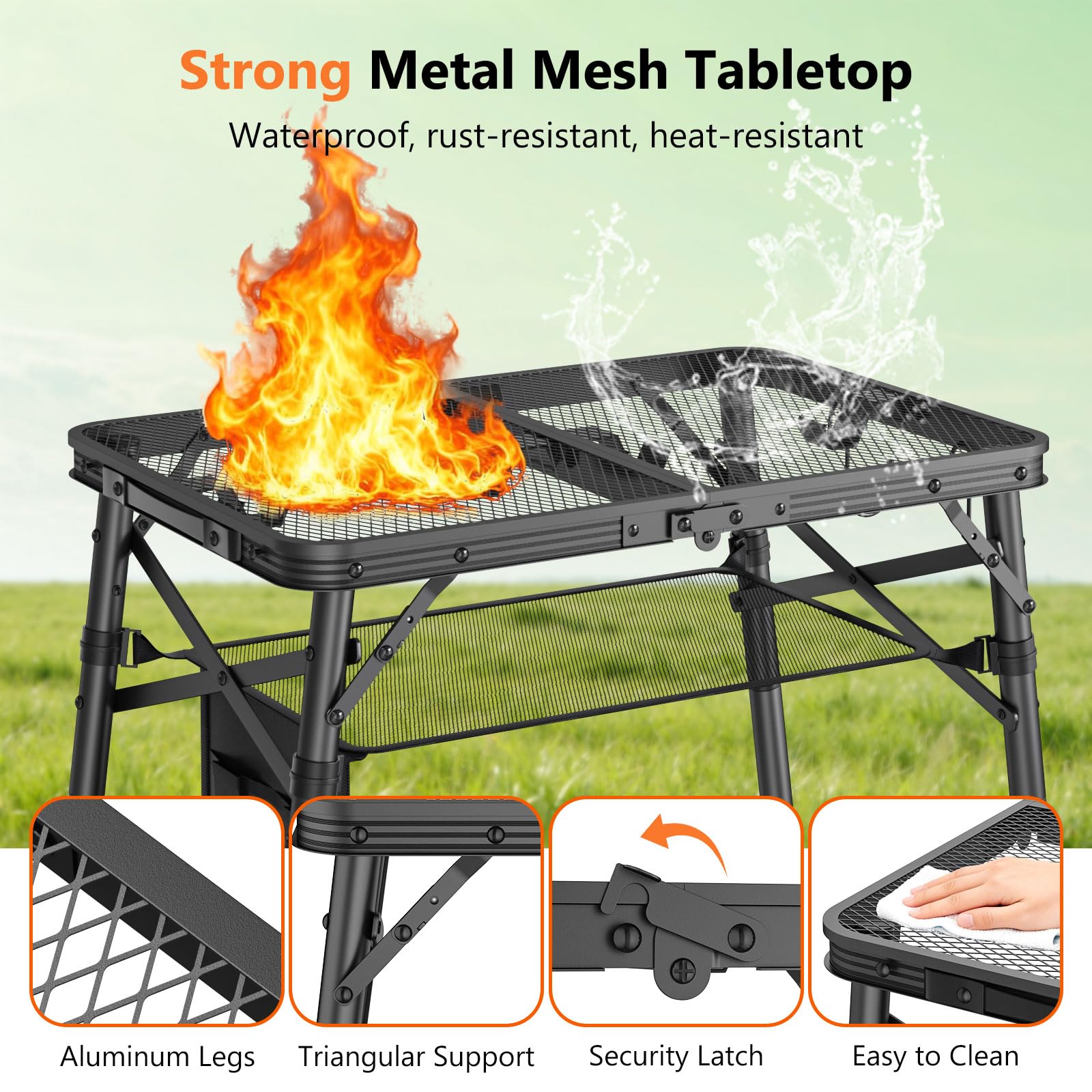 Raynesys BBQ table sturdy iron mesh top supports grills and pans safely.