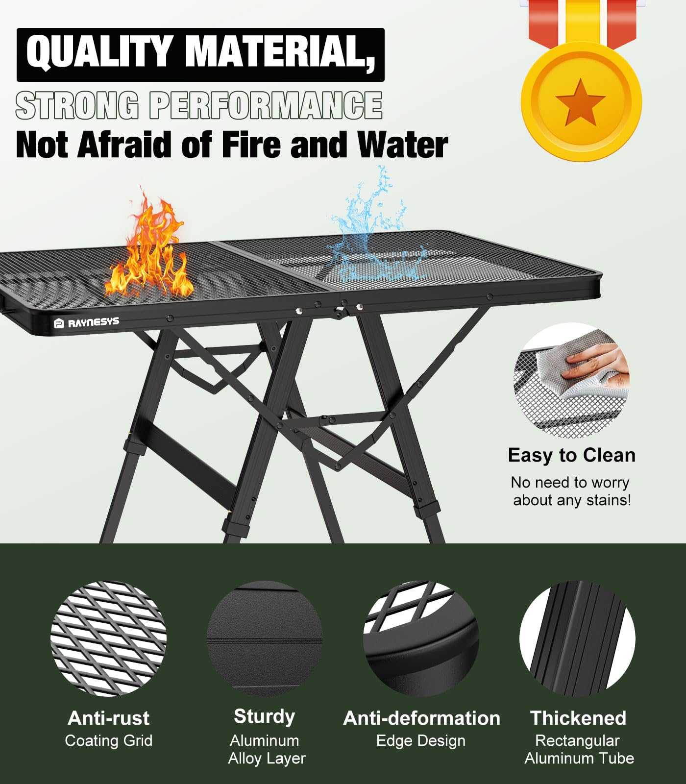 Raynesys foldable grill table features waterproof, heat-resistant aluminum surface.