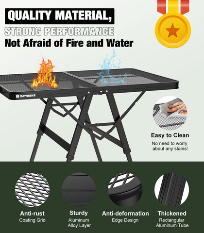 Raynesys foldable grill table features waterproof, heat-resistant aluminum surface.