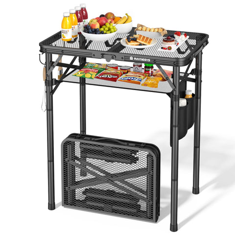 Raynesys folding grill table with 3 height adjustable legs for flexible outdoor use.