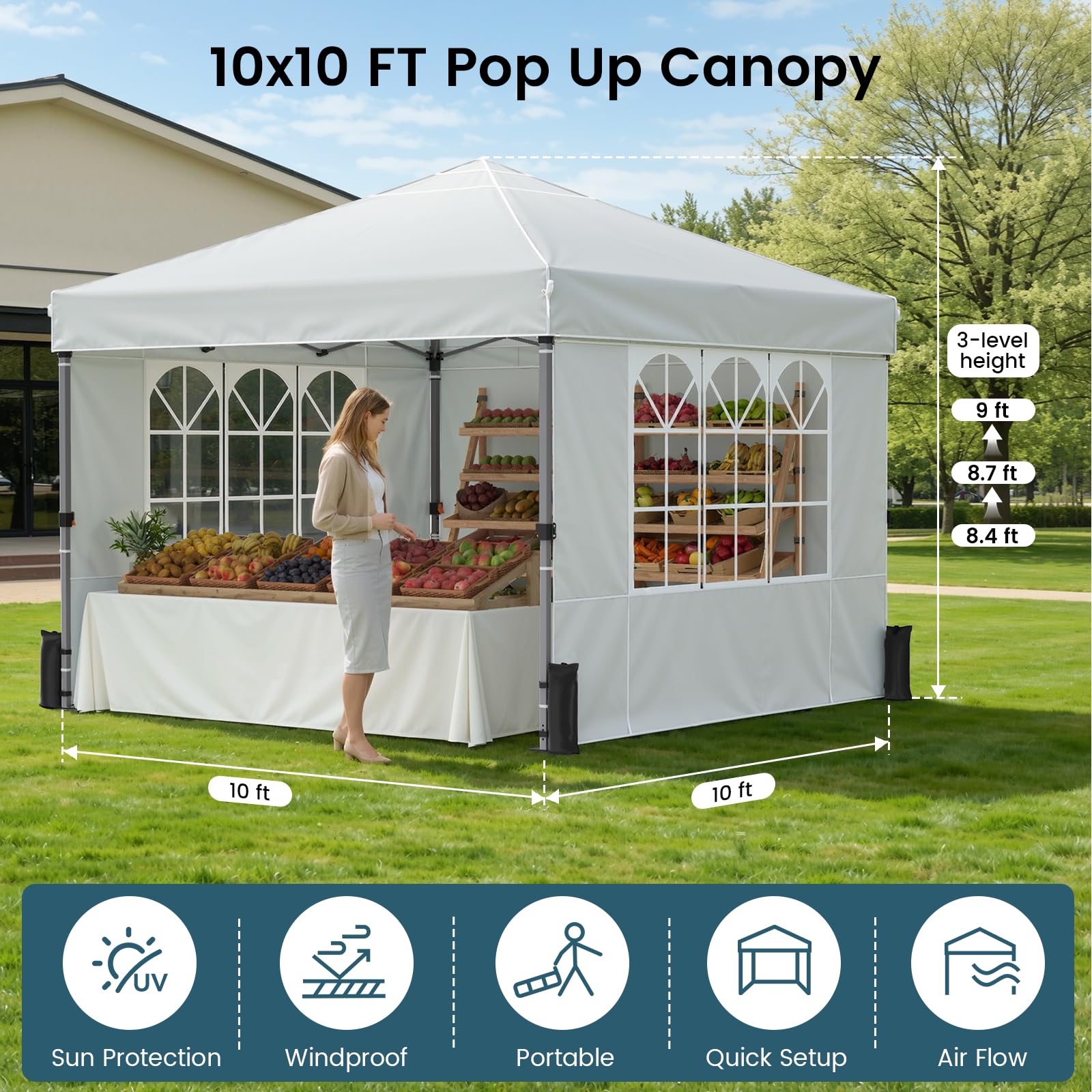 Raynesys pop up canopy sidewalls attached, creates private, weather-protected space.