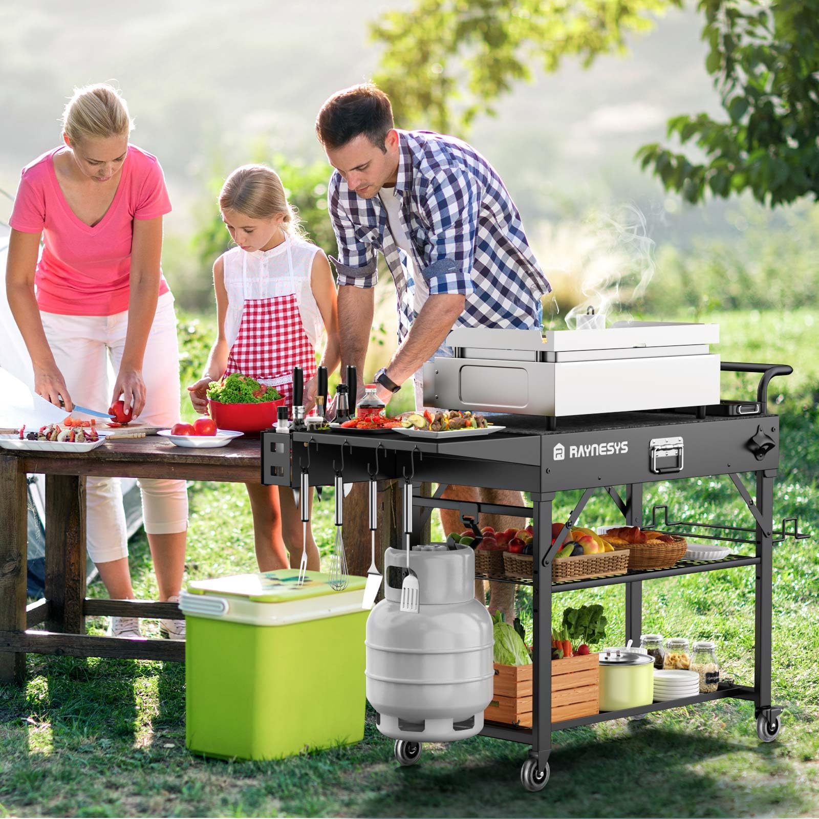 Raynesys portable grill table folds compactly for car trunk storage