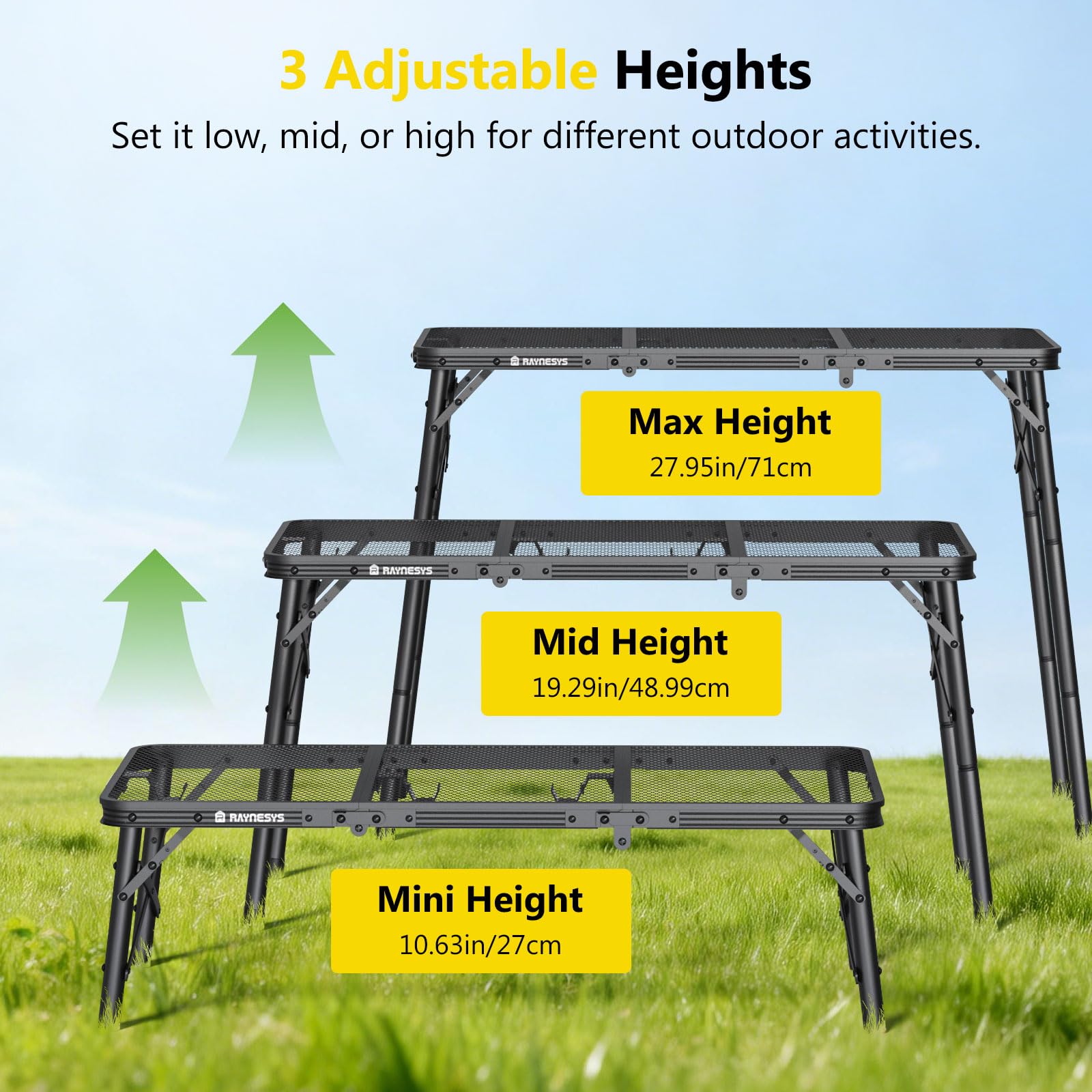 Raynesys Tri-Fold Camping Table showing its three height options.