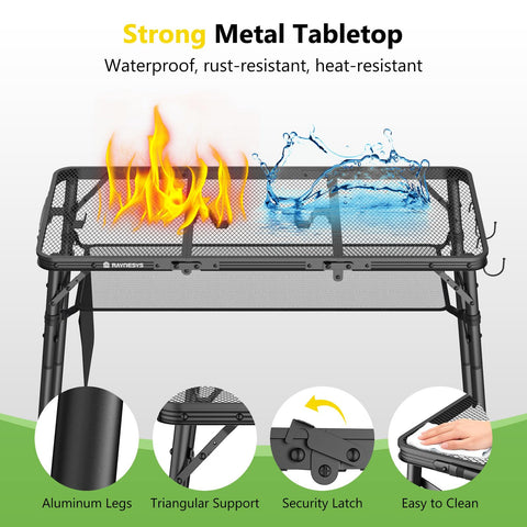 Raynesys Tri-Fold Camping Table aluminum frame delivers light, durable use.