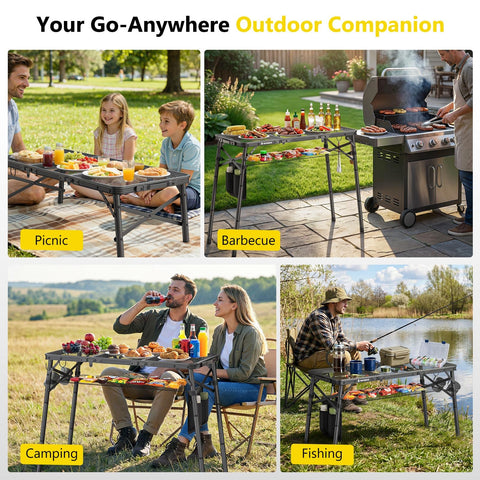 Raynesys Tri-Fold Camping Table compact folded size stores easily.
