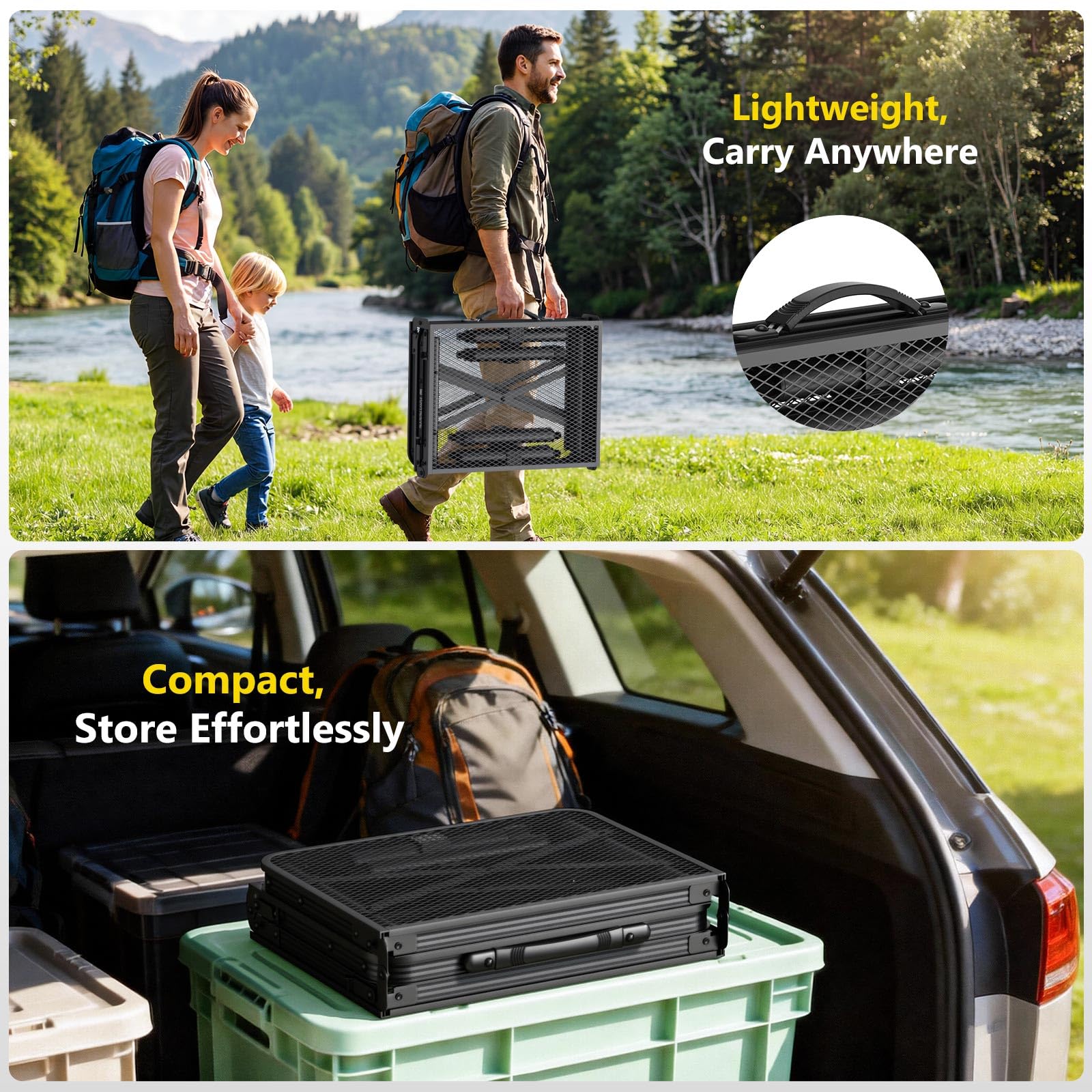 Raynesys Tri-Fold Camping Table heat-resistant mesh top protects surfaces.