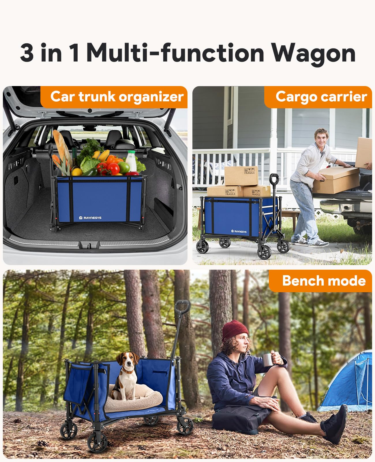 Raynesys wagon with all-terrain 360-degree wheels for smooth outdoor movement.