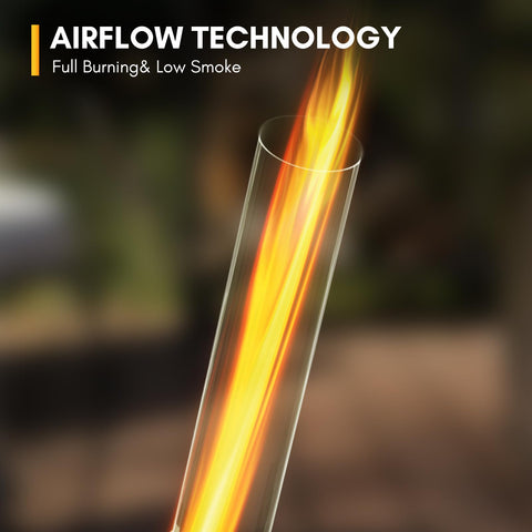 Rayzi 1000mm glass tube creates mesmerizing turbine flames for a cozy patio vibe.