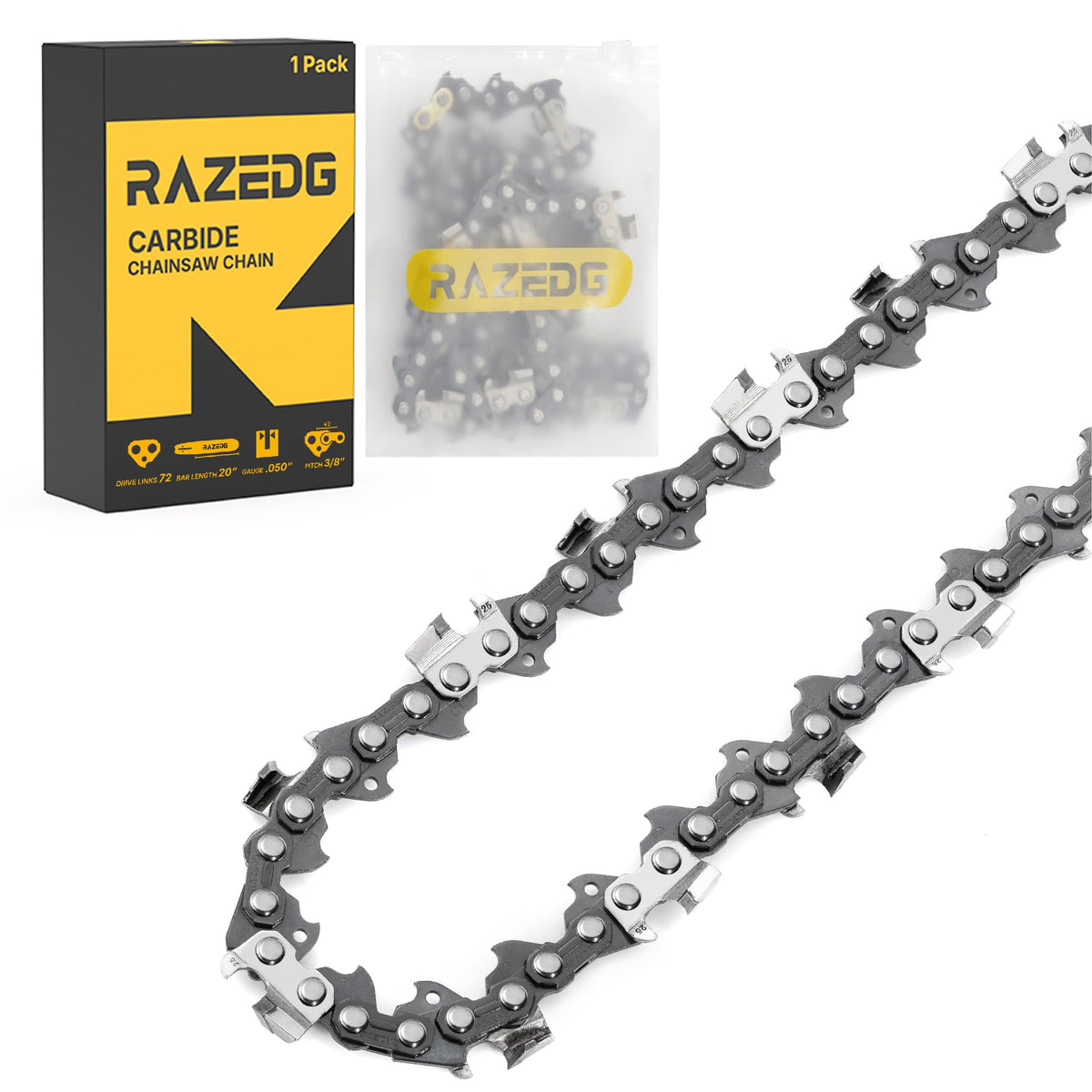 RazEdg 20in carbide chain closeup—durable teeth for clean cuts.