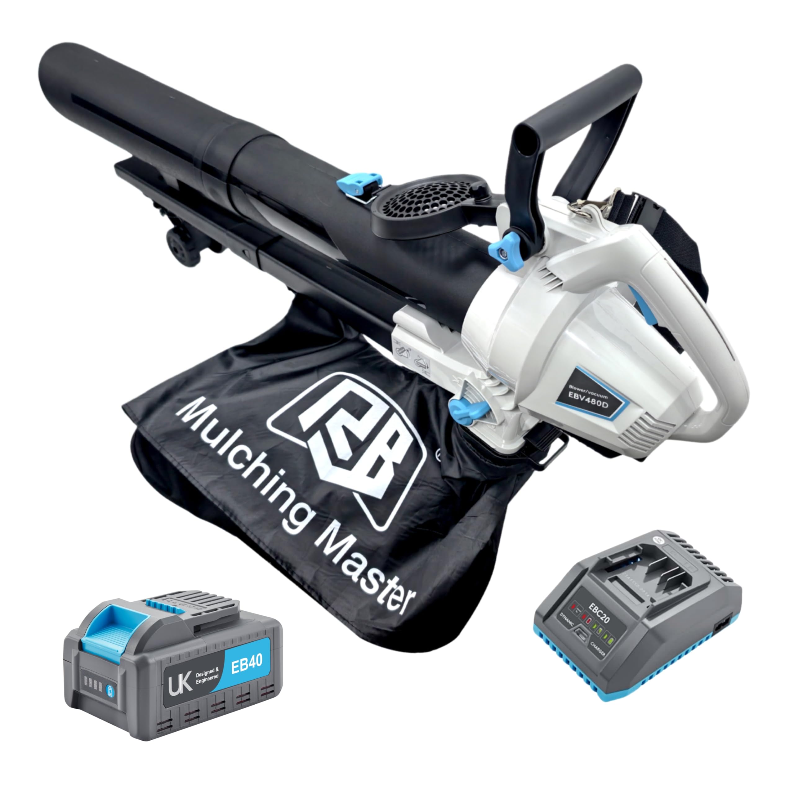 RB 40V leaf blower front view showing ergonomic design for easy cleanup.