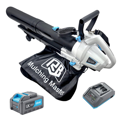 RB 40V leaf blower front view showing ergonomic design for easy cleanup.