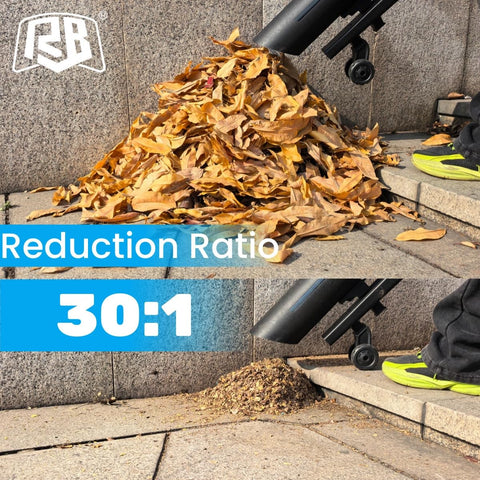 RB 40V leaf vacuum in action highlights strong suction and debris pickup.