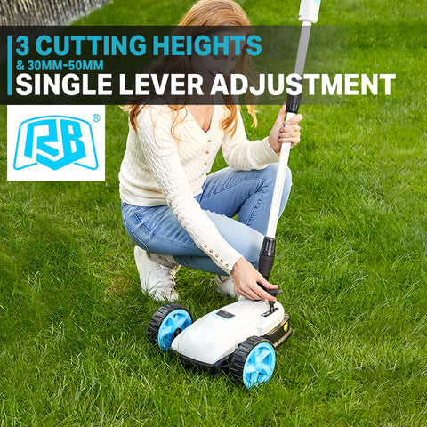 RB lawn mower offers 3 cutting heights for versatile grooming.