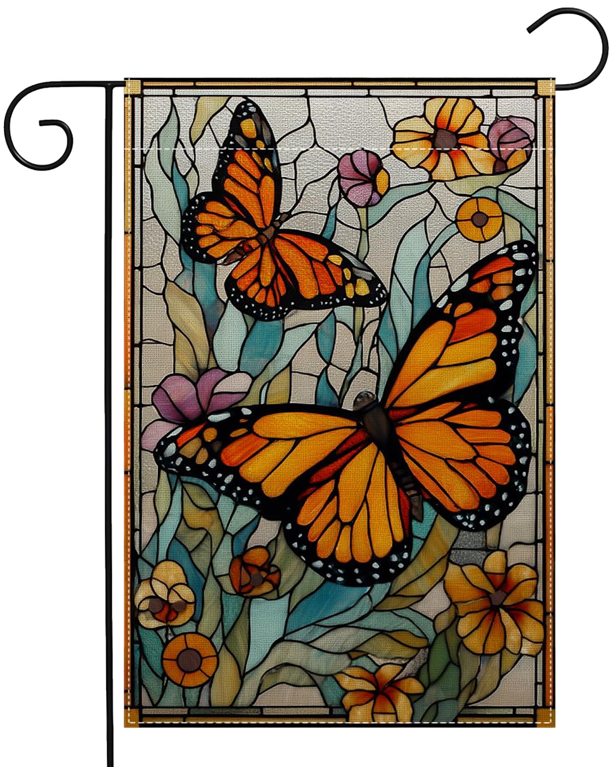 RBAFAO garden flag with butterfly stained-glass design for outdoor porch decor.