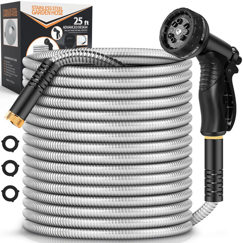 RCFUNKID Garden Hose Metal 25ft coiled for tough outdoor tasks.