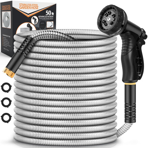 RCFunkid garden hose metal 50ft highlighting durable stainless steel construction for long-lasting outdoor watering.