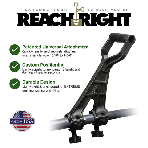 Reach Right universal handle attachment on a shovel demonstrates extended reach