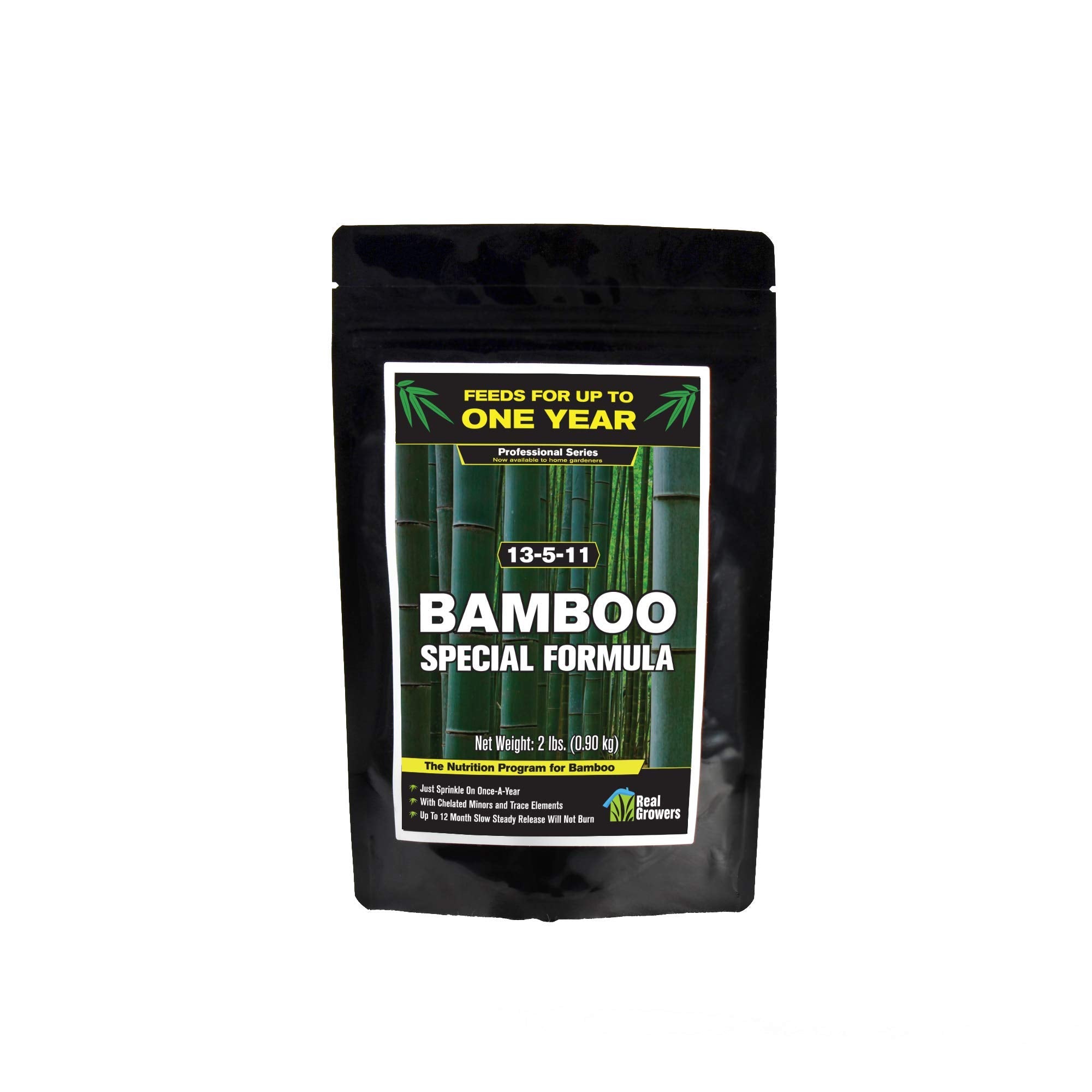 Real Growers Bamboo Special bag closeup showing year-long nutrition for bamboo growth