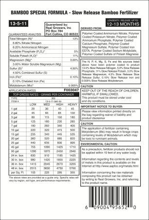 Real Growers Bamboo Special 13-5-11 label highlighting high-nitrogen formula