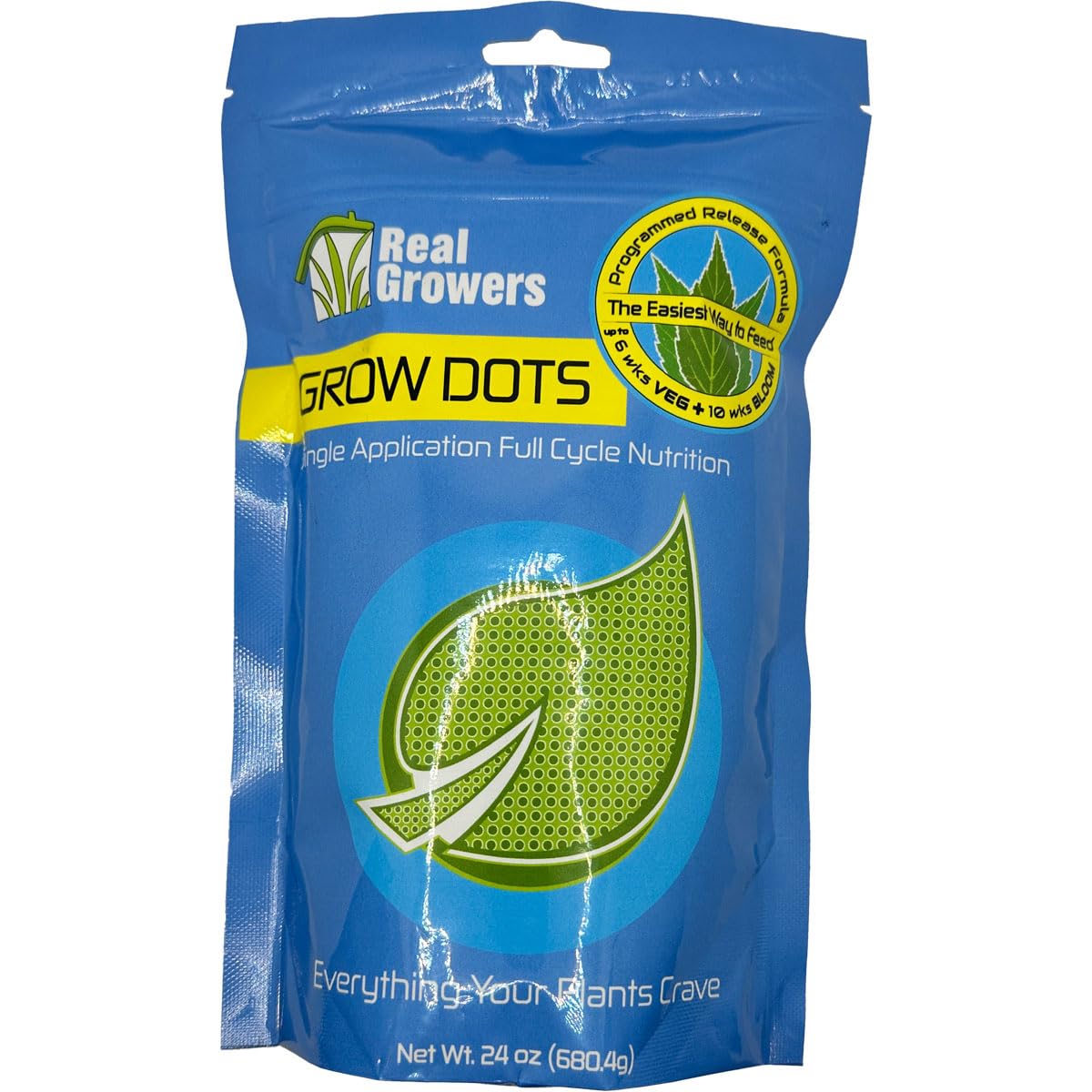 Real Growers Grow Dots Classic 24oz bottle close-up emphasizing one-time feeding convenience.